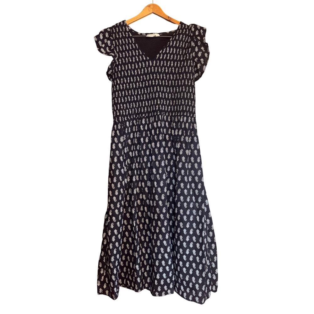 LÉA Navy Printed Flutter Sleeve Smocked Bodice MIDI Dress 1X